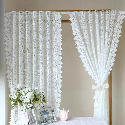 1PC White Hollow Lace Flower Short Curtains for Kitchen Small Windows Romantic Embroidery Semi Sheer Curtain Rod Pocket Drape