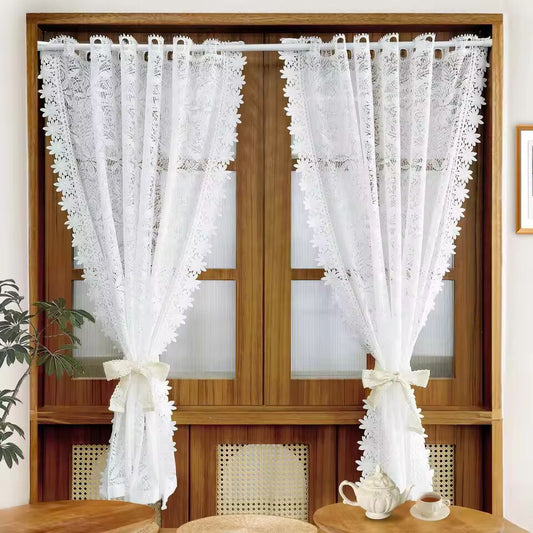 1PC White Hollow Lace Flower Short Curtains for Kitchen Small Windows Romantic Embroidery Semi Sheer Curtain Rod Pocket Drape