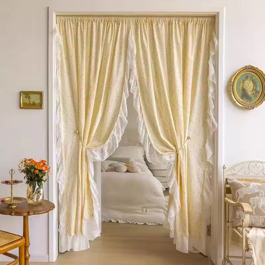 Light Yellow Daisy French Vintage Ruffle Lace Flower Semi Blackout Curtains Cotton Linen Window Door Cabinet Drapes for Bedroom