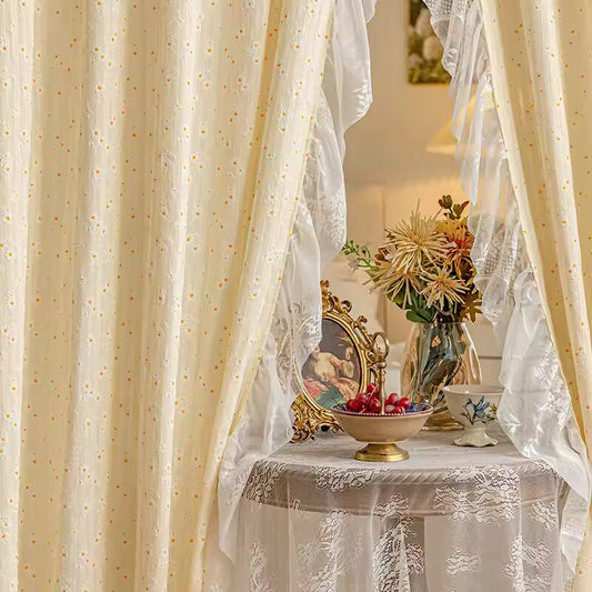 Light Yellow Daisy French Vintage Ruffle Lace Flower Semi Blackout Curtains Cotton Linen Window Door Cabinet Drapes for Bedroom
