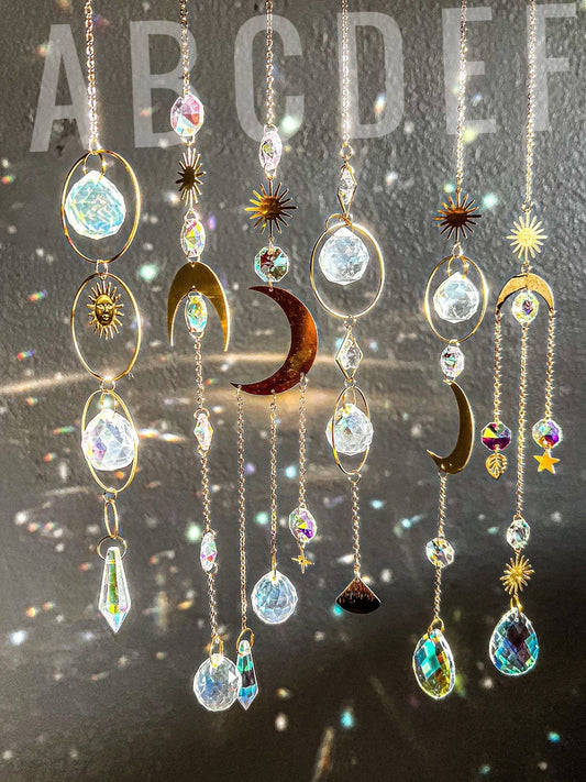 Moon phase suncatcher, prism, Crystal pendulum, moon Goddess, Wicca, druzy, pagan garden, Mothers Day, boho decor, crystal moon sun catcher